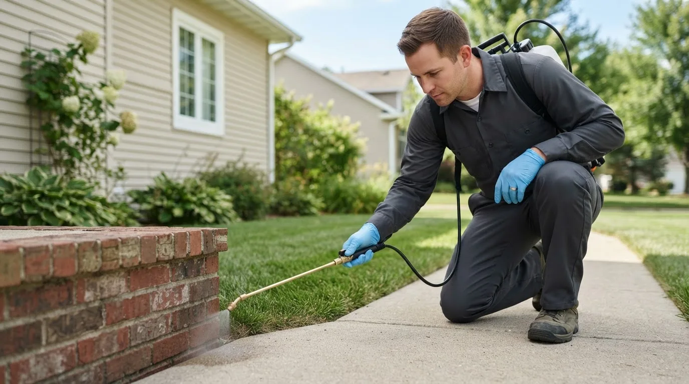 Pest control technician treating a home near Glen, NH